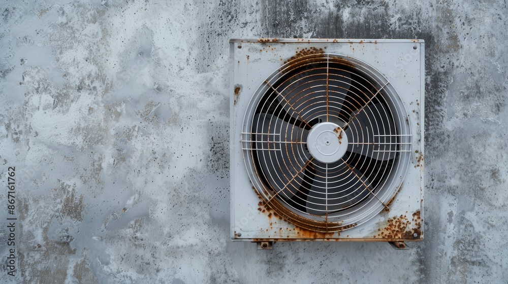 Inducer Fan Rusted Rusted air conditioner fan, aged and weathered, on a neglected wall ...