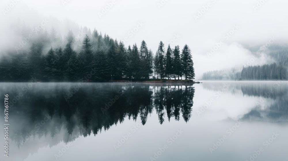 Scenic view of misty forest with trees on rocky terrain, reflecting on water, minimalist travel and environment theme, tranquil and serene Scenic view of misty forest with trees on rocky terrain, reflecting on water, minimalist travel and environment theme, tranquil and serene