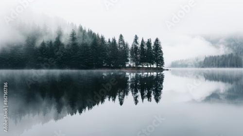 Scenic view of misty forest with trees on rocky terrain, reflecting on water, minimalist travel and environment theme, tranquil and serene © Alpha