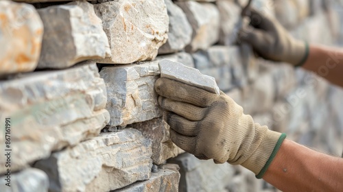 Stone wall building process, bricklayer arranging rocks, detailed masonry work, rugged stone textures, focused craftsmanship