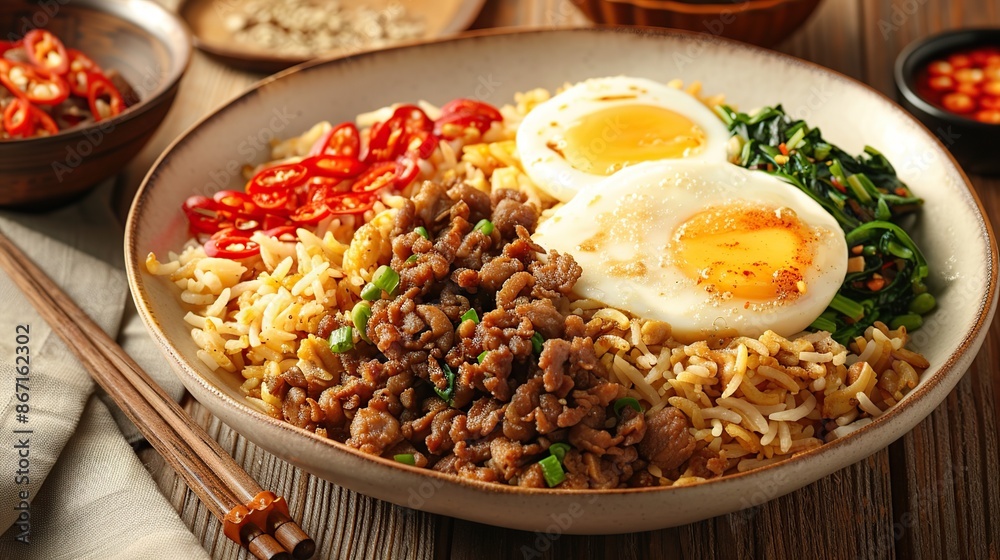 Savory Rice Bowl with Fried Eggs, Ground Pork, and Chili Savory Rice Bowl with Fried Eggs, Ground Pork, and Chili