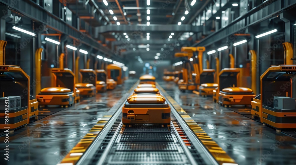 Fototapeta premium Modern automated warehouse with robotic machinery and conveyor belts. High-tech facility for efficient logistics and production processes.
