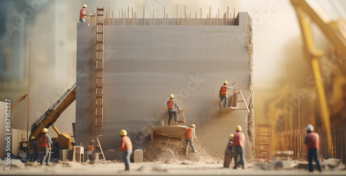 Model of Concrete being poured from a mixer truck chute into wooden forms for a wall with rebar and construction workers.