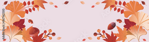 秋　バナー　広告　フレーム　紅葉　もみじ　イチョウ　風景　シルエット　コピースペース　イラスト素材