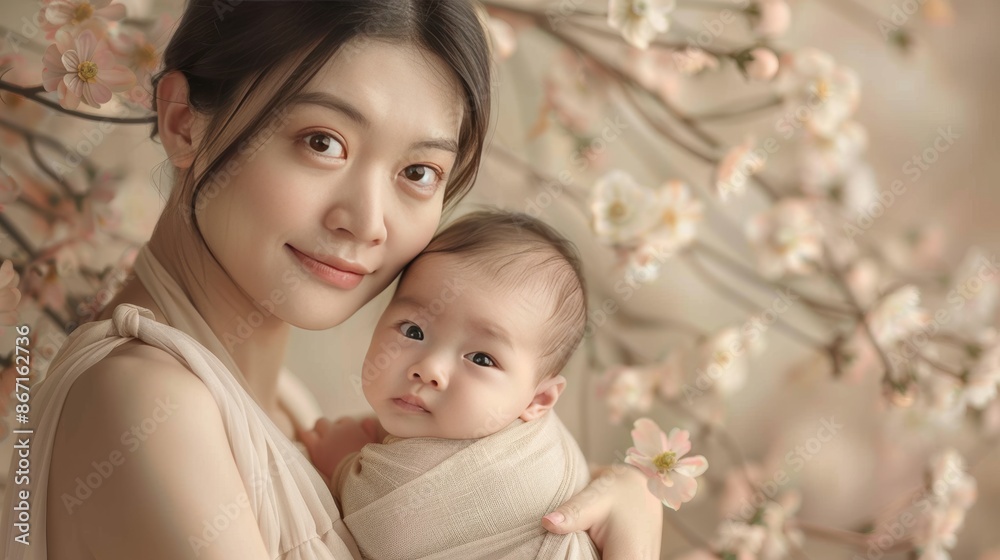 A heartwarming image of a beautiful Asian mother lovingly cradling her sleeping baby, surrounded by vibrant pink flowers, capturing a moment of pure tenderness and serenity. A heartwarming image of a beautiful Asian mother lovingly cradling her sleeping baby, surrounded by vibrant pink flowers, capturing a moment of pure tenderness and serenity.