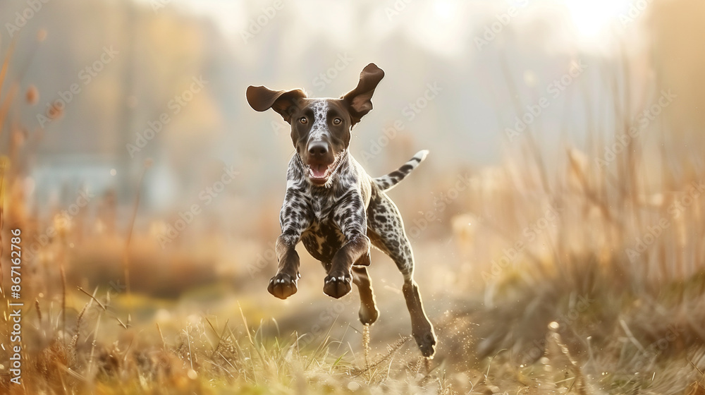 Full body shot of a German Shorthaired Pointer, happily running in the soft sunlight. Full body shot of a German Shorthaired Pointer, happily running in the soft sunlight.