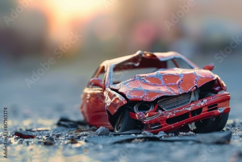 Red toy car with damaged windows and hood, symbolizing road accidents and car crashes