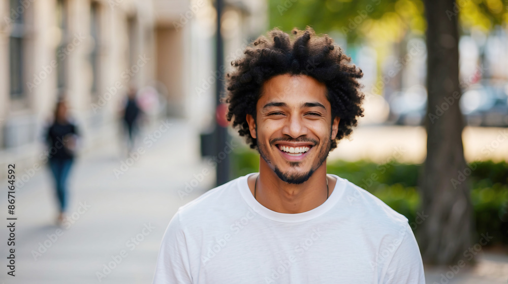 Young happy smiling man on city street