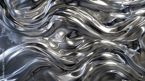 Abstract composition featuring shimmering silver liquid chrome and intricate, glossy metal waves, capturing modern elegance