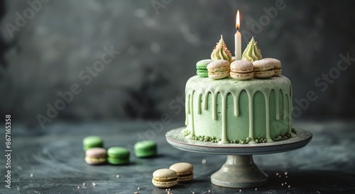 Green Cake With Macarons and Candle for Birthday Celebration