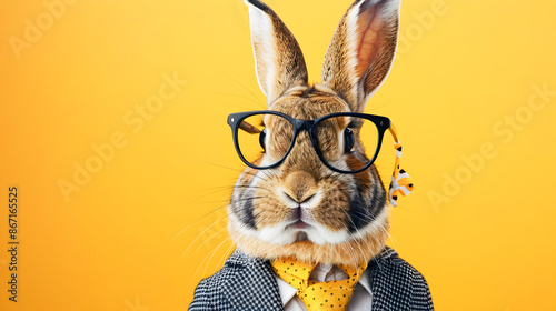 Stylish and modern portrait of a business bunny wearing fashionable glasses and a suit against a vibrant yellow background with ample copy space for text overlay or placement