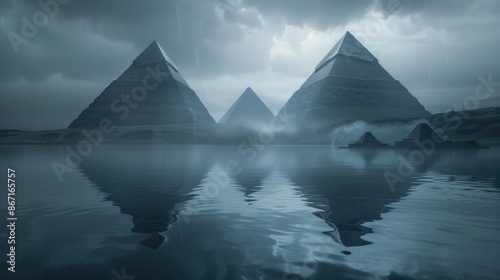 Dramatic landscape of pyramids on the Nile floodplain, reflecting in the calm waters under a cloudy sky photo