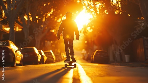 Skateboarding down a Sunset Lit Street with a Relaxed Vibe © kiatipol