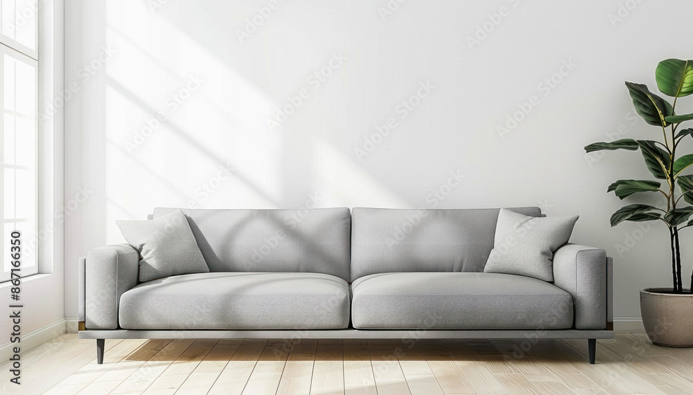 Fototapeta premium A comfortable living room with a couch and potted plant in a cozy setting for relaxation