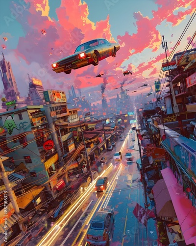 Surreal Cityscape with Floating Cars and Vibrant Graffiti Under a Sunset Sky photo