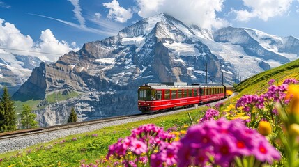 Fototapete Alpen Red train traveling through swiss alps in springtime  © Resi