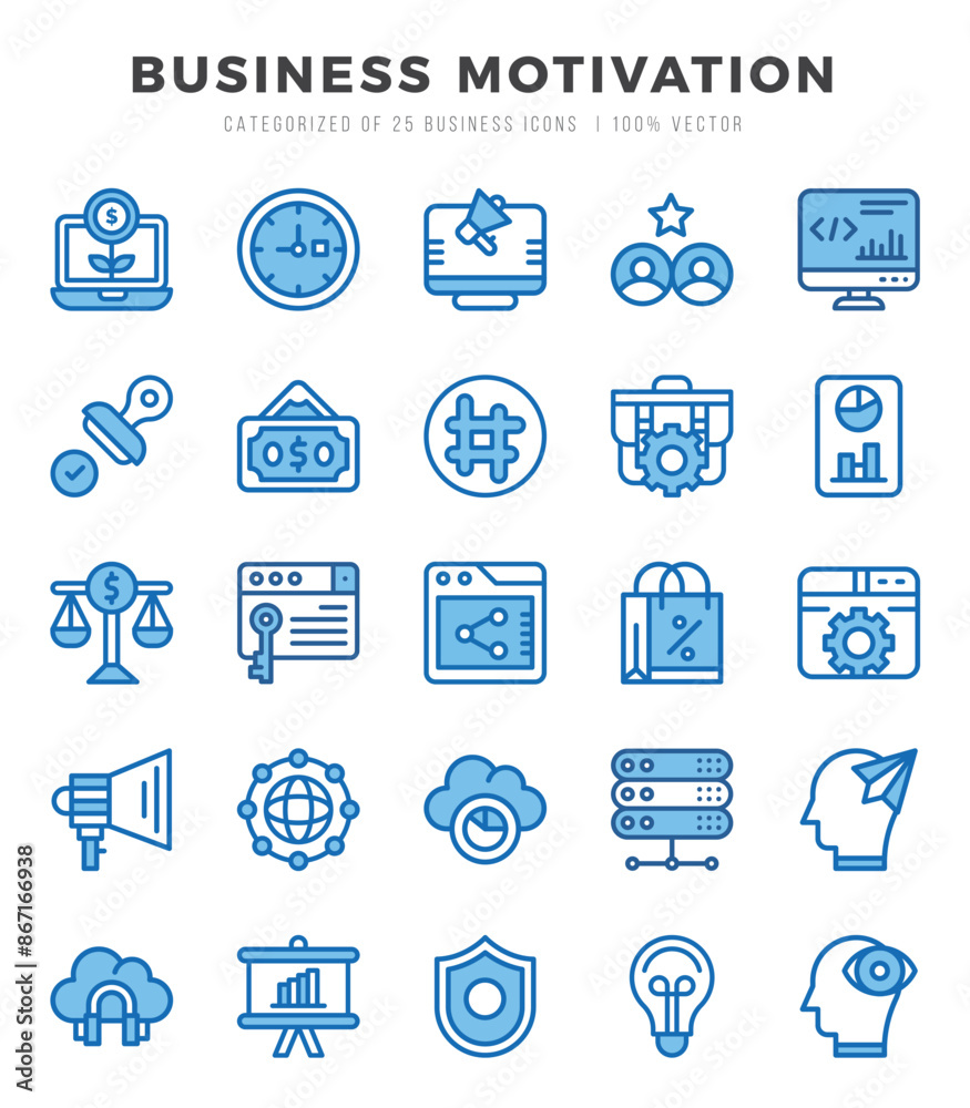 Business Motivation Icons bundle. Two Color style Icons. Vector illustration. Business Motivation Icons bundle. Two Color style Icons. Vector illustration.