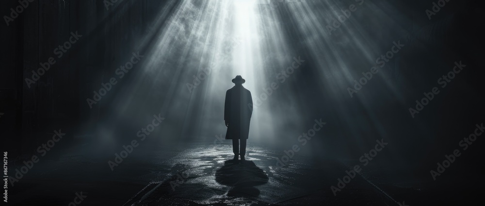 Mysterious Figure in Trench Coat Under Dramatic Spotlight in Dark Alleyway Mysterious Figure in Trench Coat Under Dramatic Spotlight in Dark Alleyway