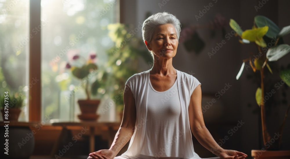 Elderly Woman Meditating in Sunlit Room Surrounded by Houseplants, Aging Gracefully and Finding Peace Elderly Woman Meditating in Sunlit Room Surrounded by Houseplants, Aging Gracefully and Finding Peace