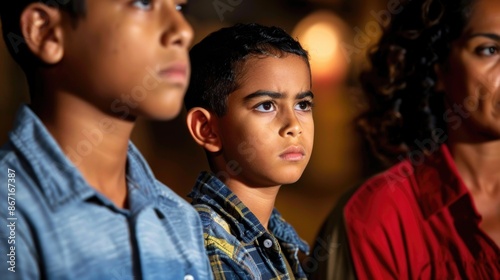 Thoughtful Young Boy Listening to Conversation Among Family Members