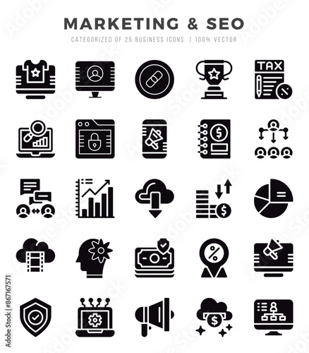 Marketing & SEO elements. Glyph web icon set. Simple vector illustration.