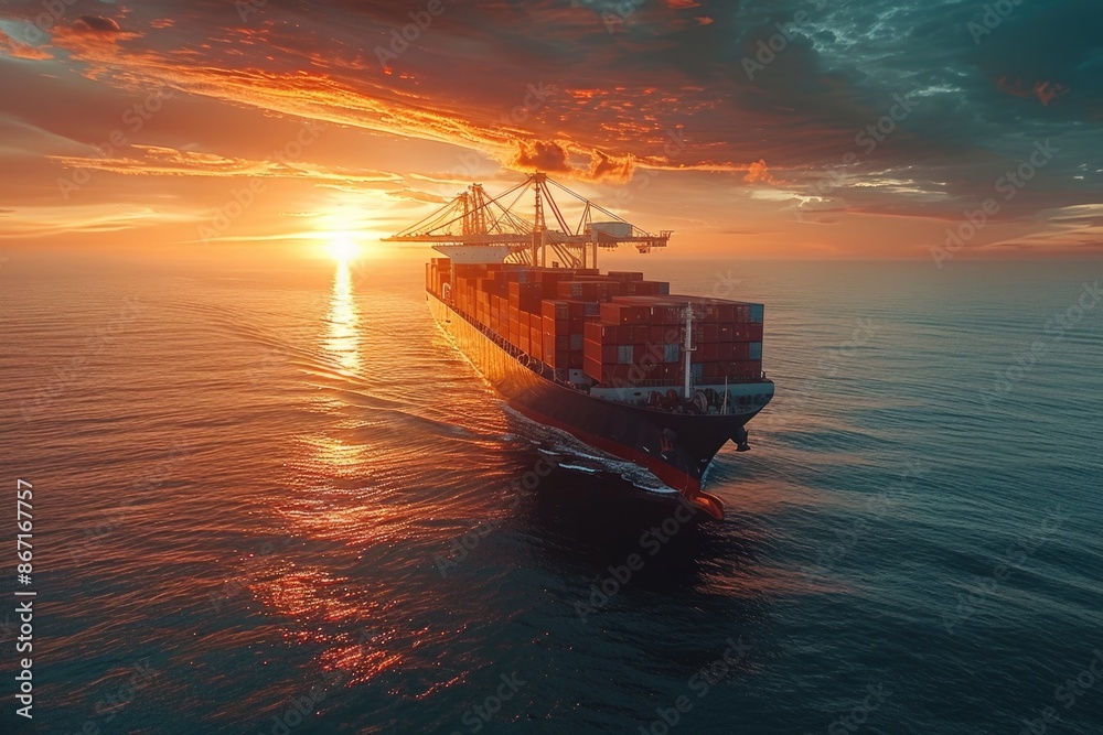 Cargo Ship at Sunset on Calm Sea with Vibrant Sky and Stacked Shipping Containers Cargo Ship at Sunset on Calm Sea with Vibrant Sky and Stacked Shipping Containers