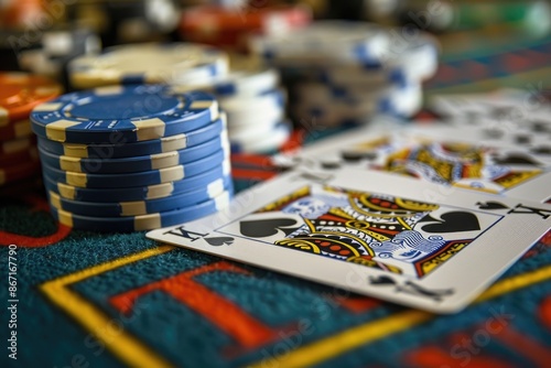 Casino Gaming Table with Poker Chips and Playing Cards for Gambling photo