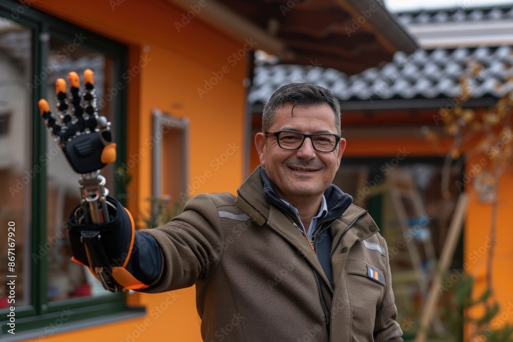 Man Smiling with Advanced Prosthetic Hand in Urban Setting