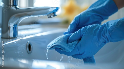 Cleaning Kitchen Sink with Blue Gloves and Cloth in Modern Home photo