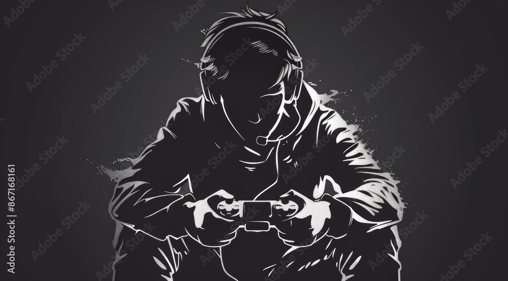 Monochromatic Illustration of Gamer with Headset and Controller in Intense Gaming Session Monochromatic Illustration of Gamer with Headset and Controller in Intense Gaming Session
