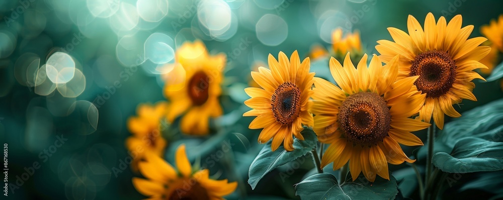 Close up Sunflower on blurred green nature background. Horizontal agriculture summer banner with yellow sunflower. Summer greeting card, copy space. Close up Sunflower on blurred green nature background. Horizontal agriculture summer banner with yellow sunflower. Summer greeting card, copy space.