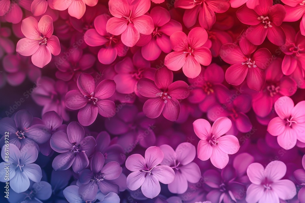 Vibrant pink and purple floral background texture. Close-up of many small blossoms. Nature backdrop.  Gradient pattern. Spring flowers wallpaper. Floral design.