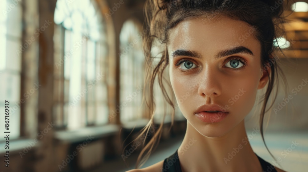 CloseUp of Woman with Intense Gaze in Urban Loft Setting CloseUp of Woman with Intense Gaze in Urban Loft Setting
