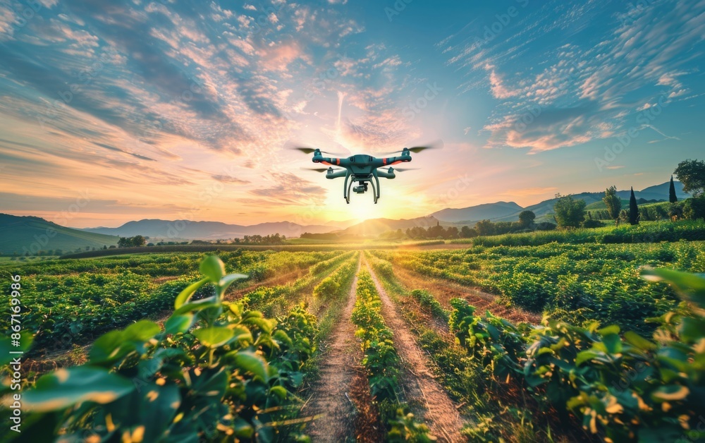Fototapeta premium Drone flying over farm field at sunset