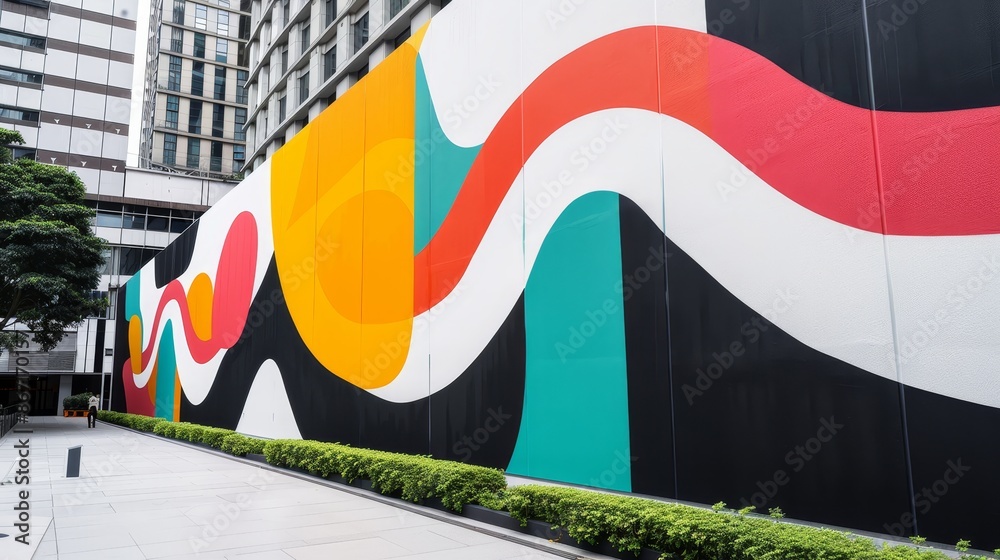 Naklejka premium Modern cityscape with new art installations, vibrant murals and sculptures, revitalized urban area, detailed textures, dynamic and colorful