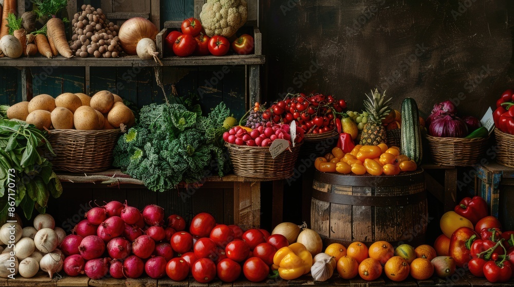 Fresh produce displayed on wooden shelves Fresh produce displayed on wooden shelves