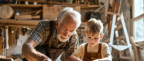 Grandfather and grandson working in workshop