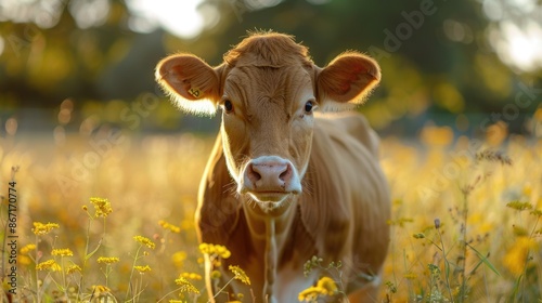 Adorable Baby Cow Standing in Rural Field at Sunset photo