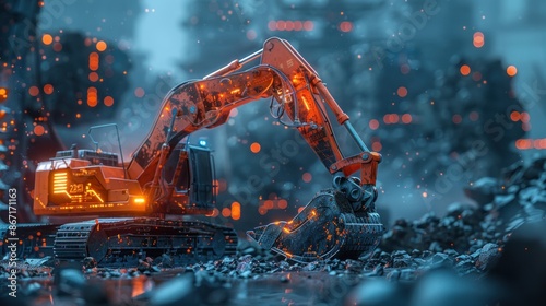 A computer generated image of a large orange excavator. The image is a mix of bright colors and dark tones, giving it a futuristic and industrial feel. The machine is surrounded by a network of wires