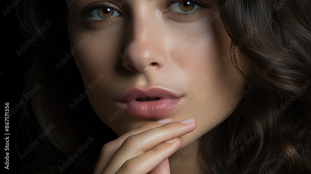 Obraz premium CloseUp of Woman's Face with Natural Makeup and Curly Hair on Black Background
