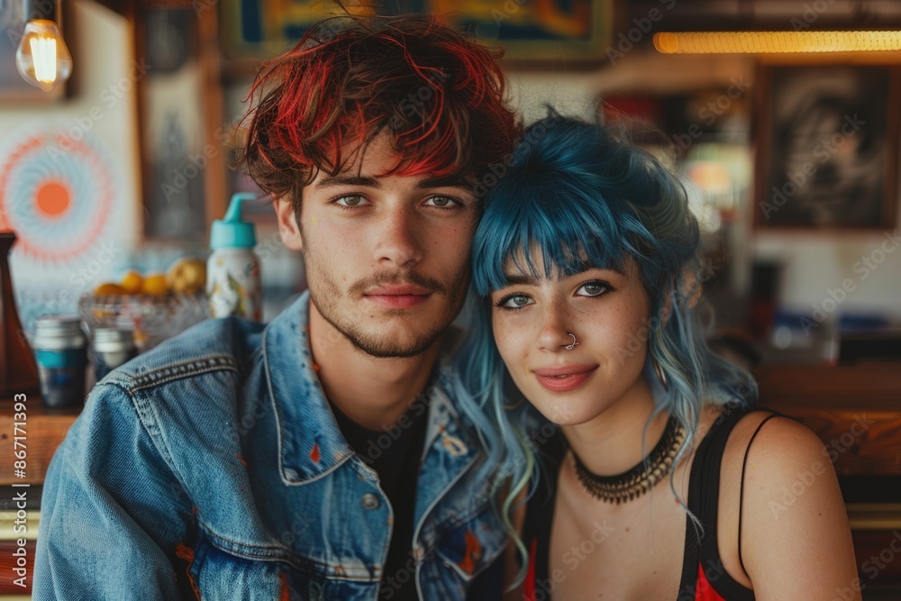 Trendy Young Couple in Cafe with Colorful Hair and Casual Attire Trendy Young Couple in Cafe with Colorful Hair and Casual Attire