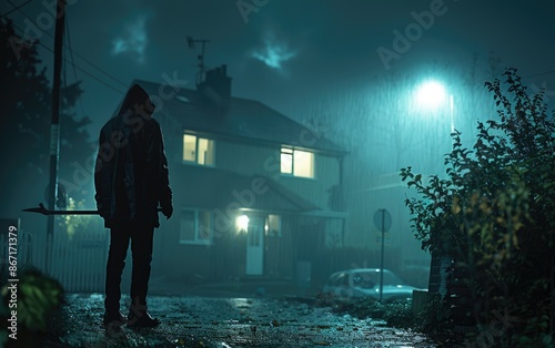 Mysterious Figure in Dark Rainy Street at Night with Dimly Lit House Background photo