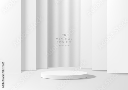 3D white round product podium background with layers square backdrop. Abstract geometric composition in minimalist design. Studio display showroom product pedestal, Fashion stage showcase mockup scene