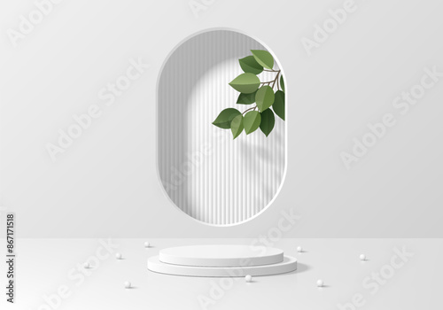 3D white product podium background with green leaf in round window. Abstract geometric composition in minimalist design. Studio display showroom product pedestal, Fashion stage showcase mockup scene.