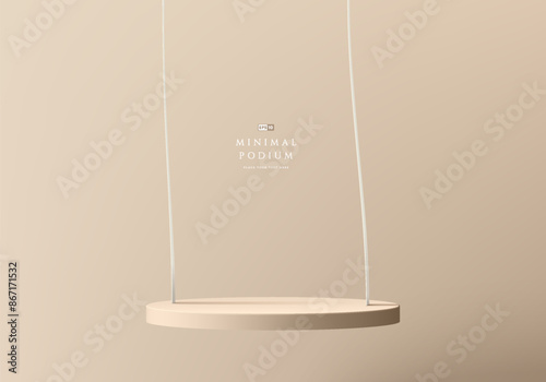 3D hanging round product podium beige background on clean wall scene. Abstract geometric composition in minimalist design. Studio display showroom product pedestal, Fashion stage showcase mockup scene
