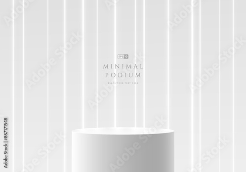 3D white round product podium background with vertical neon lighting lines. Abstract futuristic composition in minimalist design. Studio showroom product pedestal, Fashion stage showcase mockup scene.