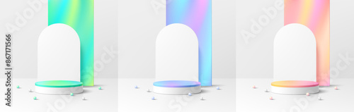Set of 3D white round product podium background with green, blue, pink and gradient backdrop. Abstract composition in minimalist. Studio display showroom product pedestal, Stage showcase mockup scene.
