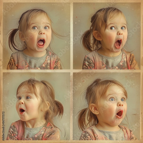 Four expressions of a cute girl captured in a square panel divided into four quadrants photo