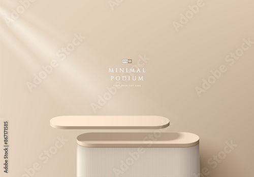 Floating 3D beige product podium background with clean wall backdrop. Abstract geometric composition in minimalist design. Studio display showroom product pedestal, Fashion stage showcase mockup scene