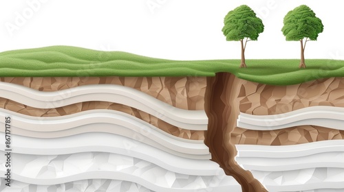 Step-by-step river terrace formation, showing erosion, sediment layers, and uplift, detailed earth science illustration, informative and precise photo